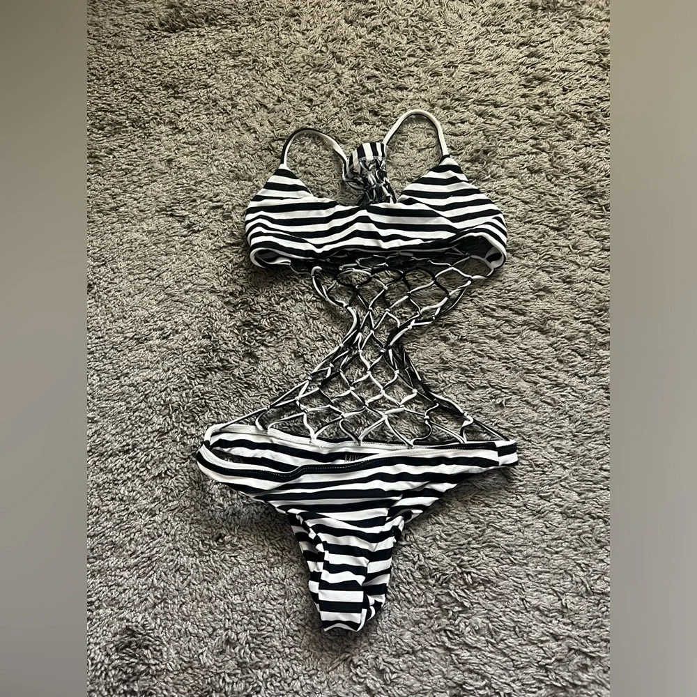 MIKOH Swimwear Xavier Crochet Back One Piece in Black/White Stripe - Picture 7 of 9